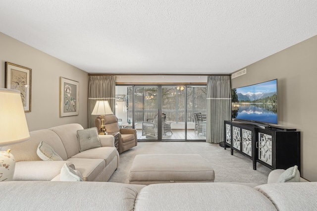 carpeted living room with a textured ceiling