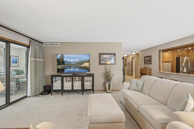 living room with light carpet and a textured ceiling