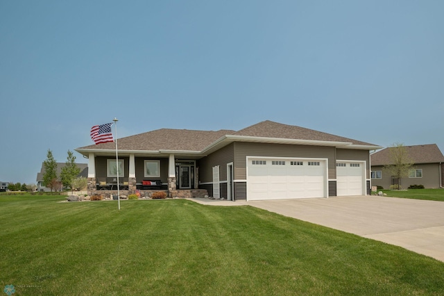 view of front of house featuring driveway, a front lawn, a chimney, and an attached garage