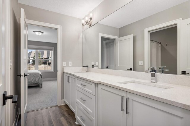 full bathroom with wood finished floors, double vanity, and baseboards