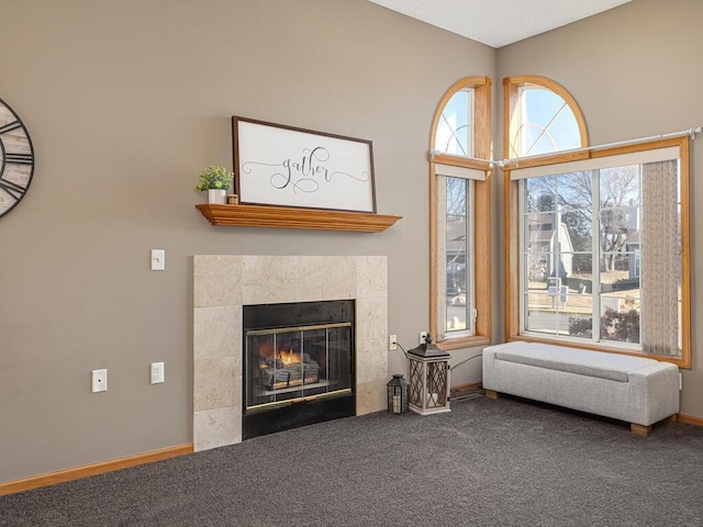 carpeted living room with a fireplace