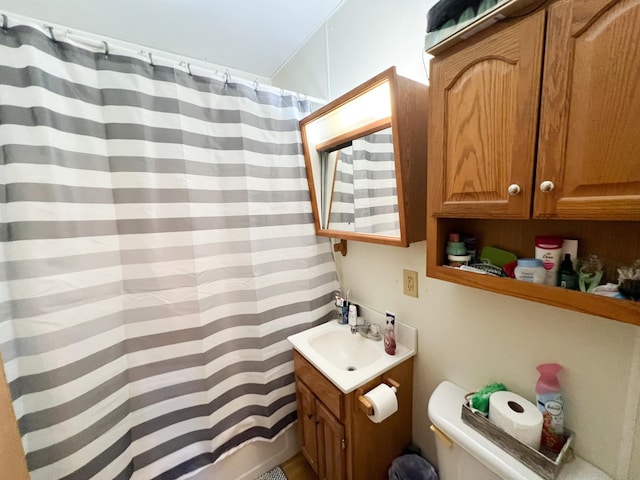 full bathroom featuring vanity, shower / bath combination with curtain, and toilet