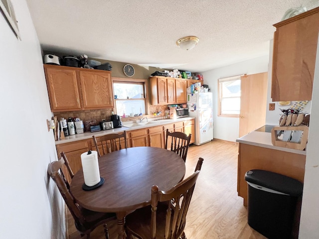 kitchen featuring tasteful backsplash, plenty of natural light, a textured ceiling, and light hardwood / wood-style floors