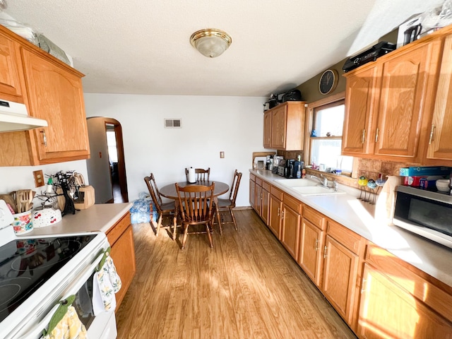 kitchen with sink, light wood-type flooring, a textured ceiling, and white electric range oven