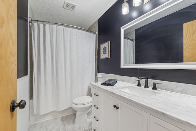 full bathroom with vanity, toilet, a textured ceiling, and shower / bathtub combination with curtain