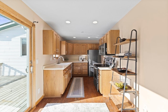 kitchen featuring stainless steel appliances, sink, and dark hardwood / wood-style floors