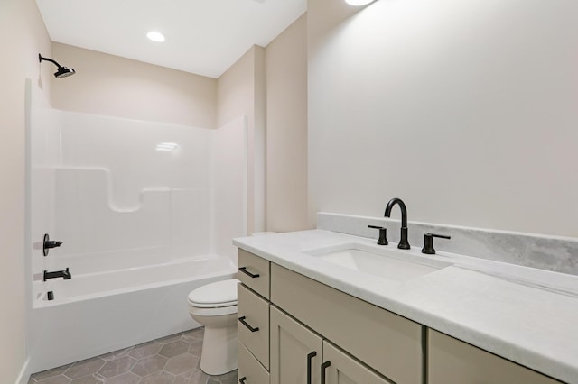 bathroom with toilet, tile patterned floors, vanity, bathtub / shower combination, and recessed lighting
