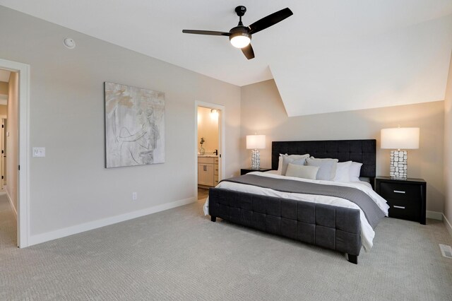 9568 63rd St S, Cottage Grove, MN 55016 - bedroom featuring carpet, baseboards, vaulted ceiling, ensuite bath, and ceiling fan
