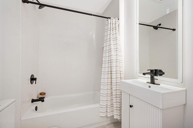 full bathroom with vanity, shower / bathtub combination with curtain, and toilet