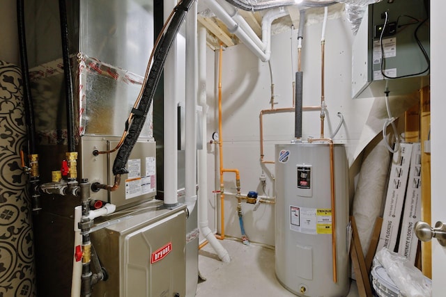 utility room featuring electric water heater and heating unit