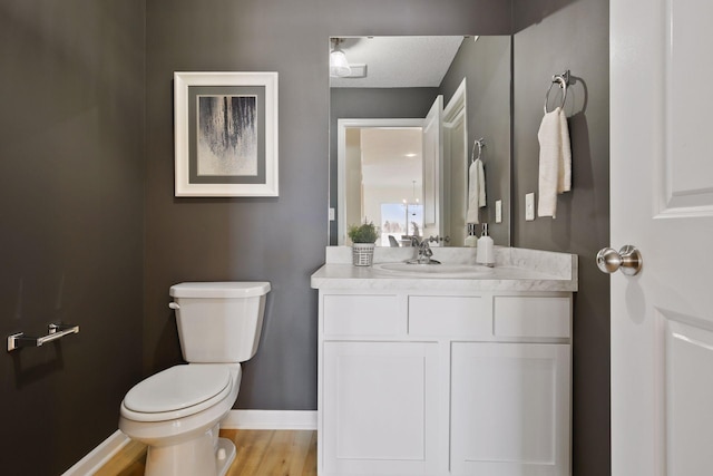 bathroom with vanity, wood-type flooring, and toilet