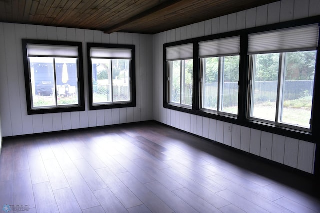 spare room with dark hardwood / wood-style flooring, a wealth of natural light, and wood ceiling