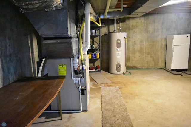 basement featuring white refrigerator, heating unit, and water heater