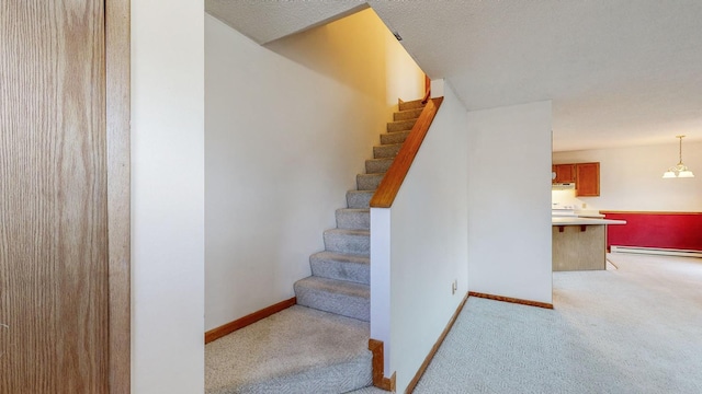 stairs with baseboard heating and carpet