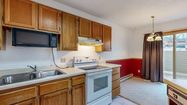 kitchen featuring white electric range, sink, decorative light fixtures, a chandelier, and a baseboard radiator