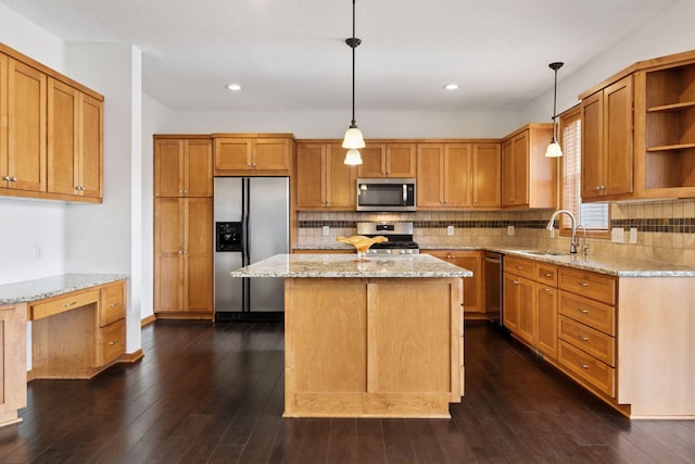 kitchen featuring open shelves, dark wood-style flooring, stainless steel appliances, and a sink