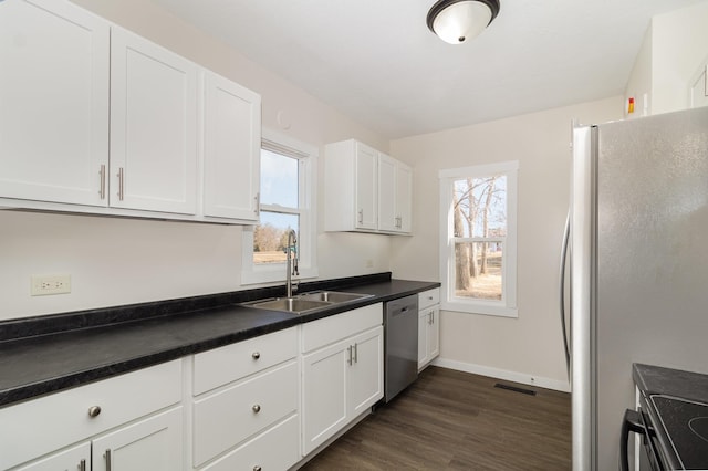 kitchen with white cabinetry, stainless steel appliances, dark hardwood / wood-style flooring, and sink