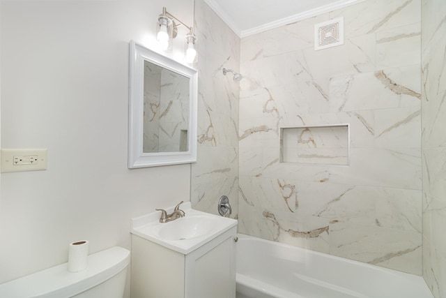 full bathroom featuring vanity, tiled shower / bath combo, crown molding, and toilet