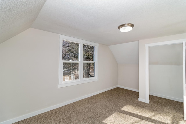 additional living space featuring lofted ceiling, a textured ceiling, and carpet flooring