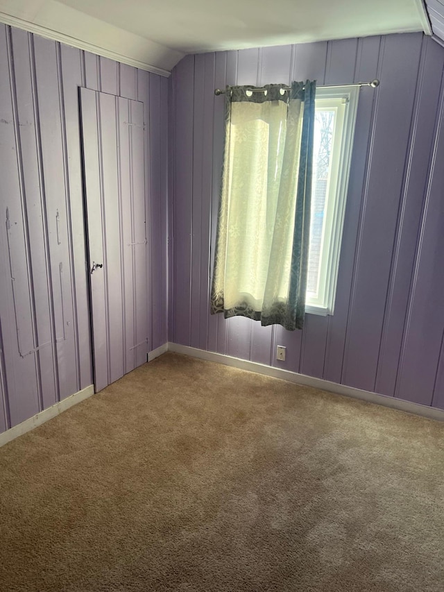 spare room featuring vaulted ceiling and carpet