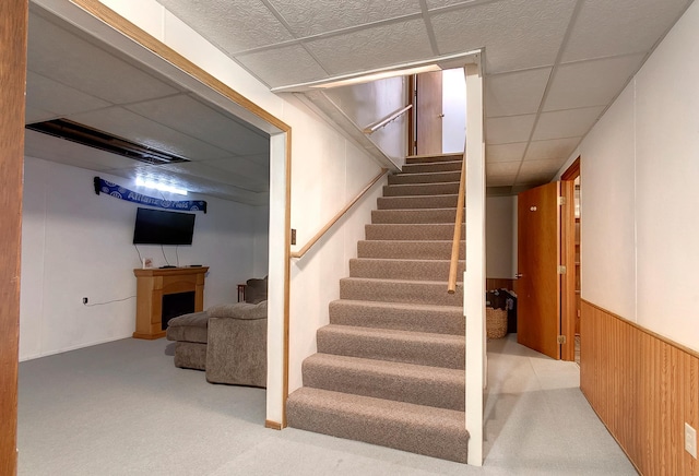 stairway with carpet, a drop ceiling, and wood walls