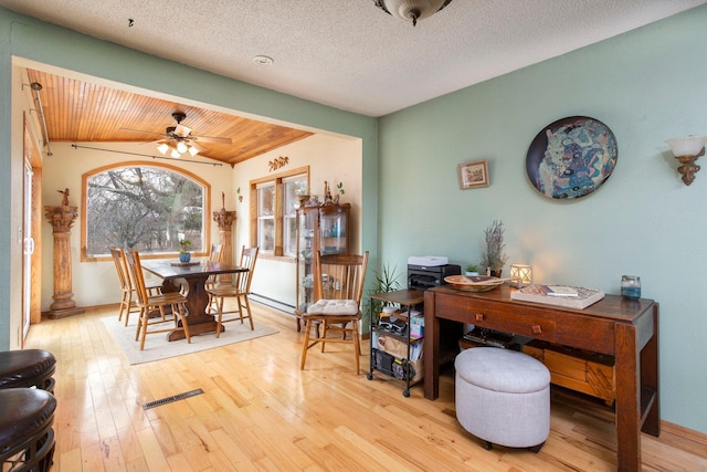 office area featuring ceiling fan, wood ceiling, light hardwood / wood-style flooring, and a textured ceiling