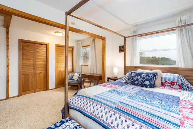 carpeted bedroom with multiple closets and a textured ceiling