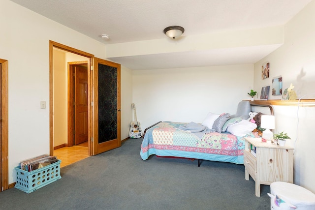 bedroom with light colored carpet