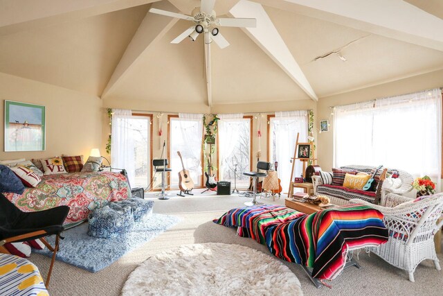 living room with beamed ceiling, high vaulted ceiling, carpet flooring, and ceiling fan