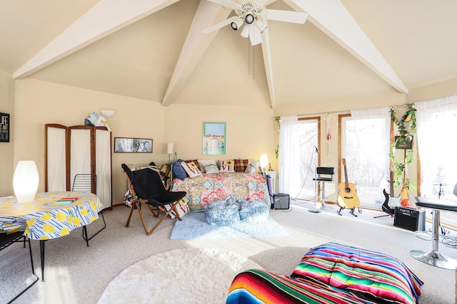 bedroom featuring vaulted ceiling with beams, ceiling fan, access to exterior, and carpet flooring