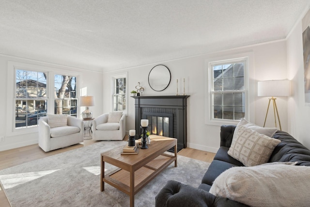 living room featuring a fireplace, a wealth of natural light, light hardwood / wood-style floors, and a textured ceiling