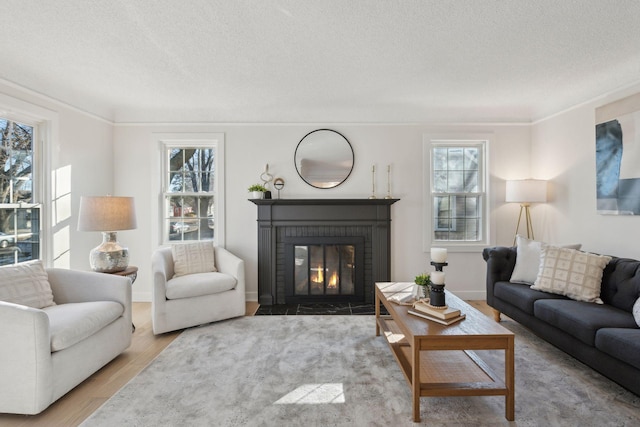 living room with wood-type flooring, a brick fireplace, crown molding, and a textured ceiling