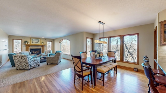 dining space with a fireplace, light hardwood / wood-style floors, and a textured ceiling