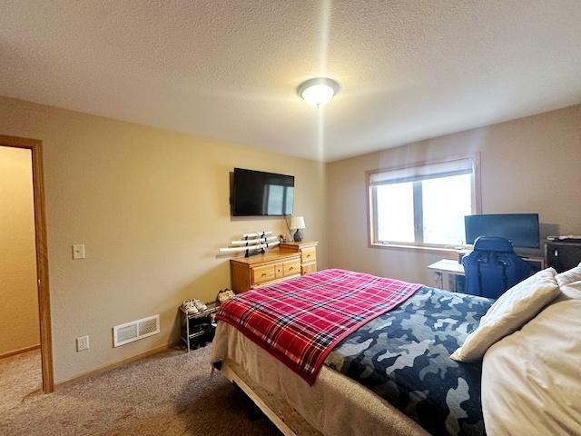 112 Bay Rd, Coleraine, MN 55722 - bedroom featuring carpet floors, baseboards, and a textured ceiling