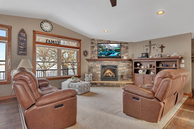 living room with lofted ceiling, a fireplace, and wood-type flooring