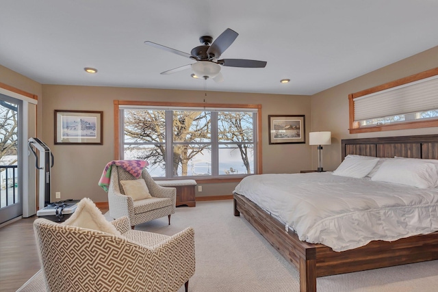 bedroom featuring access to outside and ceiling fan