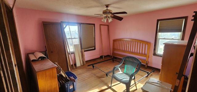 bedroom featuring light hardwood / wood-style floors and ceiling fan