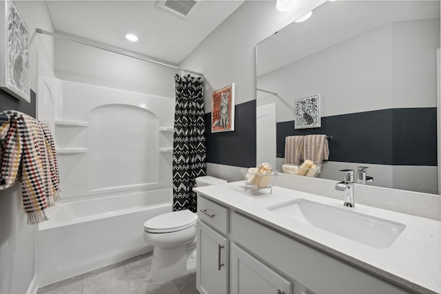 full bathroom featuring tile patterned flooring, vanity, shower / bath combination with curtain, and toilet