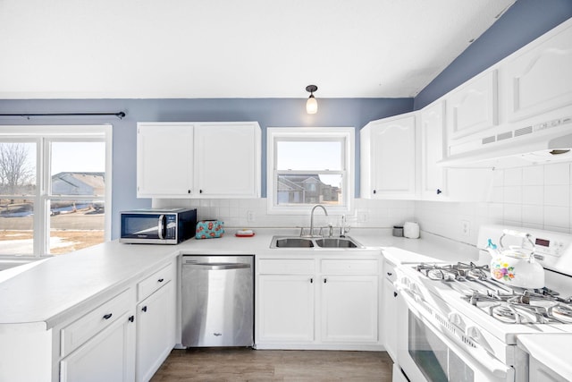 kitchen with stainless steel appliances, white cabinetry, and sink