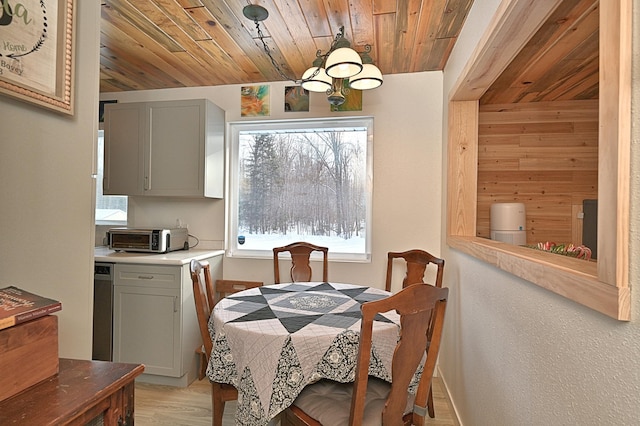 dining space with wooden ceiling and light hardwood / wood-style floors