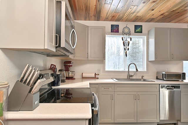 kitchen with sink, gray cabinets, wooden ceiling, and appliances with stainless steel finishes