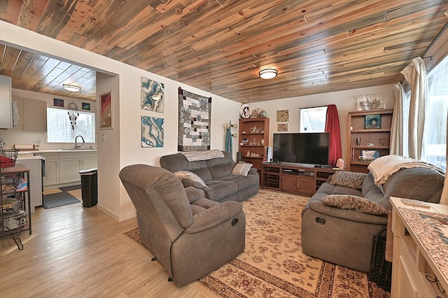 living room featuring sink, light hardwood / wood-style flooring, and wooden ceiling