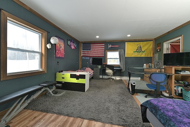 bedroom with wood-type flooring and ornamental molding