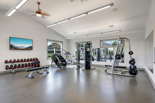 workout area with vaulted ceiling, ceiling fan, and plenty of natural light