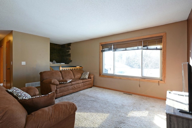 living room featuring carpet and a textured ceiling