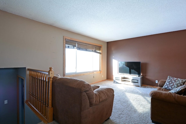 carpeted living room with a textured ceiling