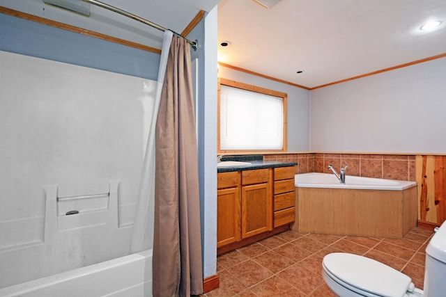 full bathroom featuring shower / tub combo with curtain, crown molding, tile patterned flooring, vanity, and toilet