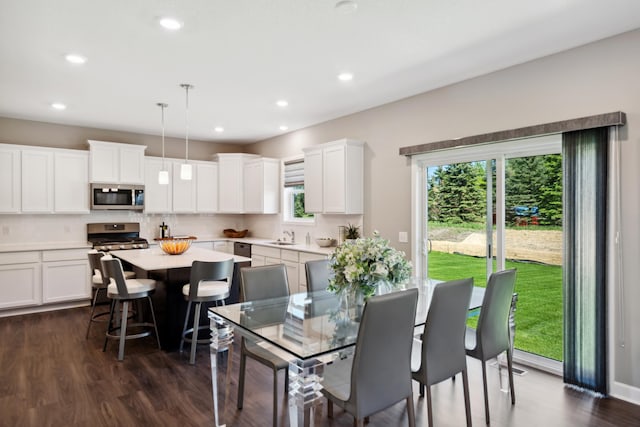 dining area with sink and dark hardwood / wood-style flooring