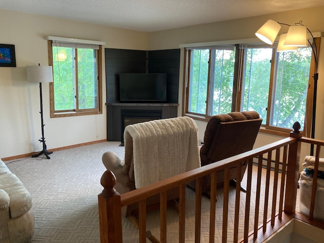 carpeted living room featuring a textured ceiling