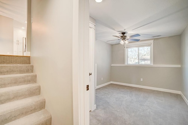 stairway featuring ceiling fan and carpet flooring